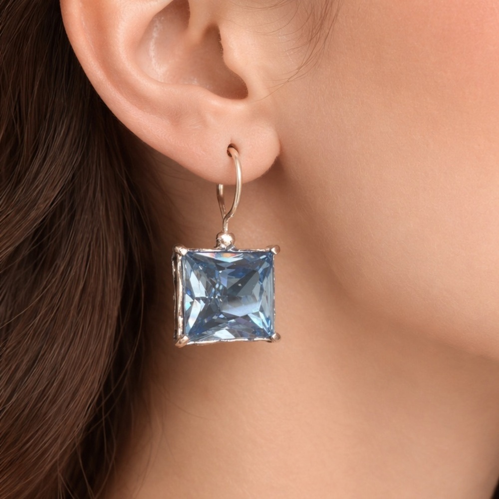 Noa Zuman Israel 925 Sterling Silver Square Cut Blue Crystal Hook Drop Earrings